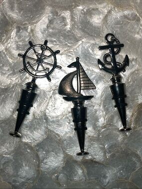 Nautical Chrome Bottle Stopper Set - Anchor, Wheel, Sailboat